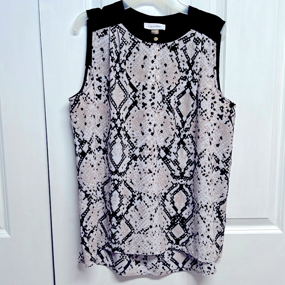 Calvin Klein Black Beige Snake Skin Print Sleeveless Top Size P
